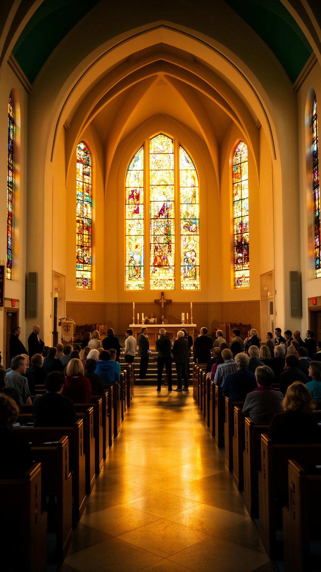 Sunlit church sanctuary with stained glass windows and a gathered congregation